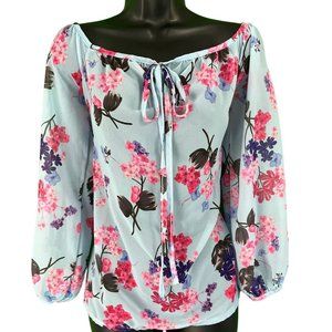 Women's Sheer Silky Floral print light blue Blouse, FEI TONG, size Large